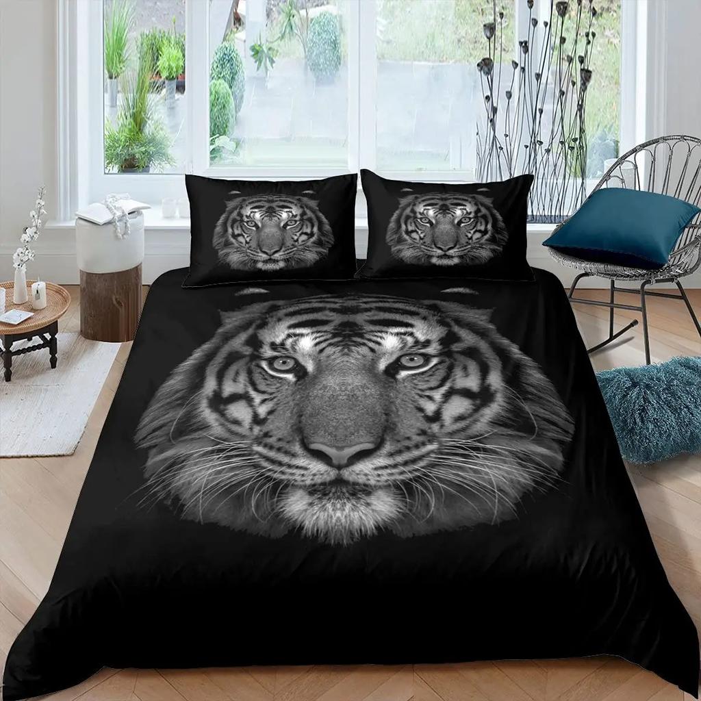 Tiger Comforter Cover Set 3D Tiger Lying on The Stump Pattern Duvet Cover with Zipper Ties Wild Animal Theme Bedding Set for Kid