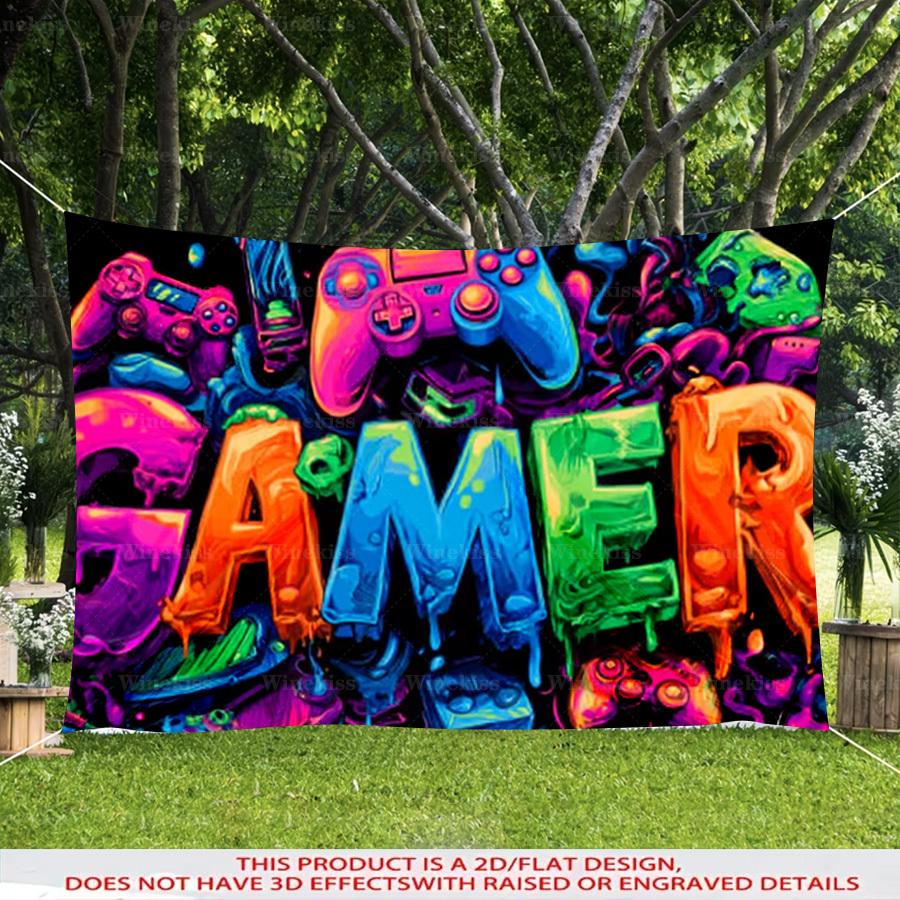 1pc 2D Flat Gaming Theme Party Banner Neon Graffiti Gaming Decor Backdrop For Garden Patio Indoor Outdoor Holiday Celebration Decor