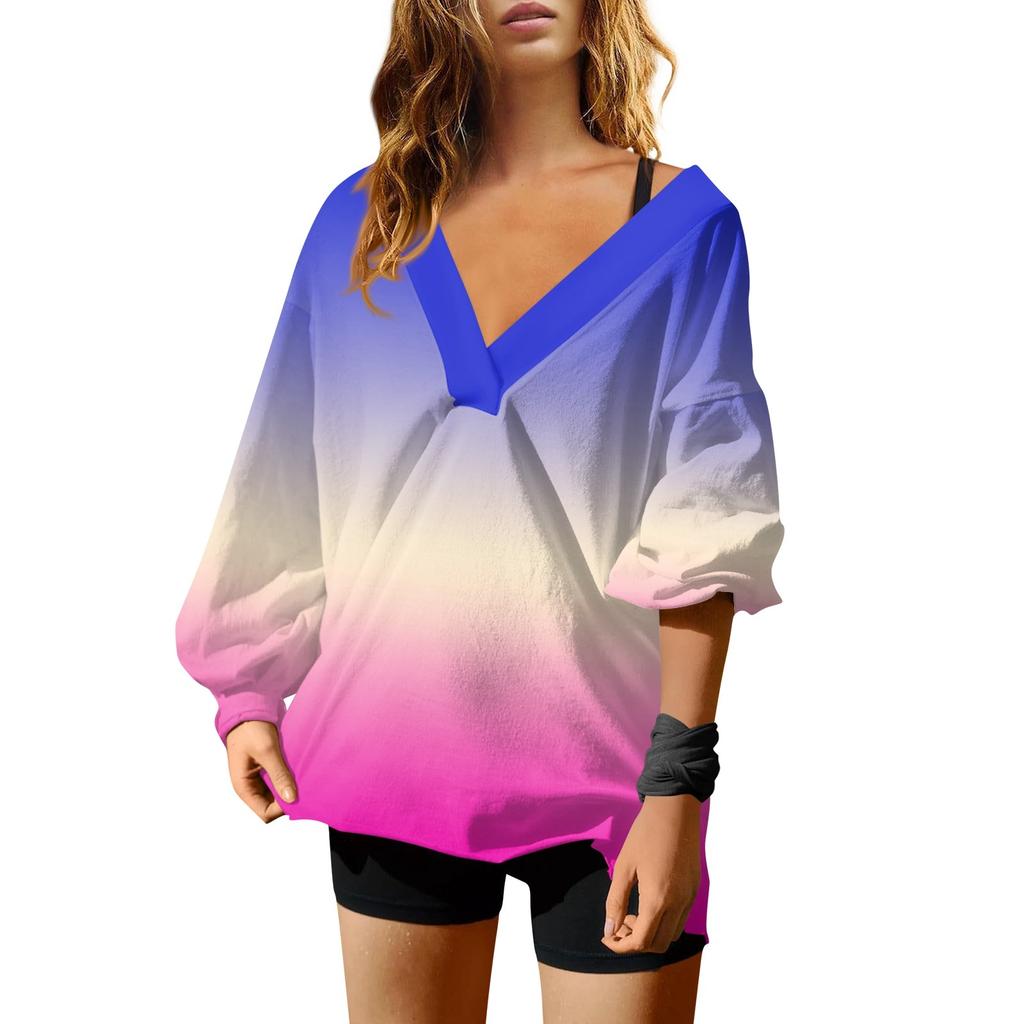 Женская мода градиентный цвет V-образный вырез длинный рукав свободный пуловер свитшот топ