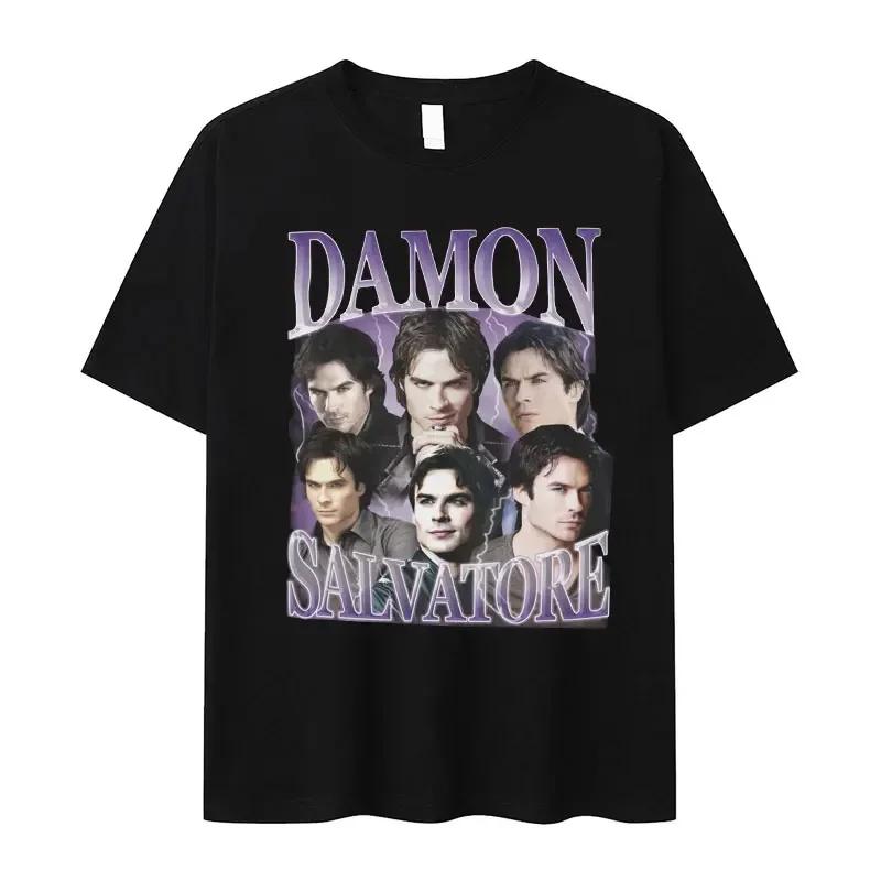 Горячая Распродажа Damon Salvatore ТВ Сериал Графический Принт Футболка Мужская Женская Ретро Готическая Мода Свободная Повседневная Оверсайз Уличная Одежда Харадзюку Y2K Летняя Новая Футболка
