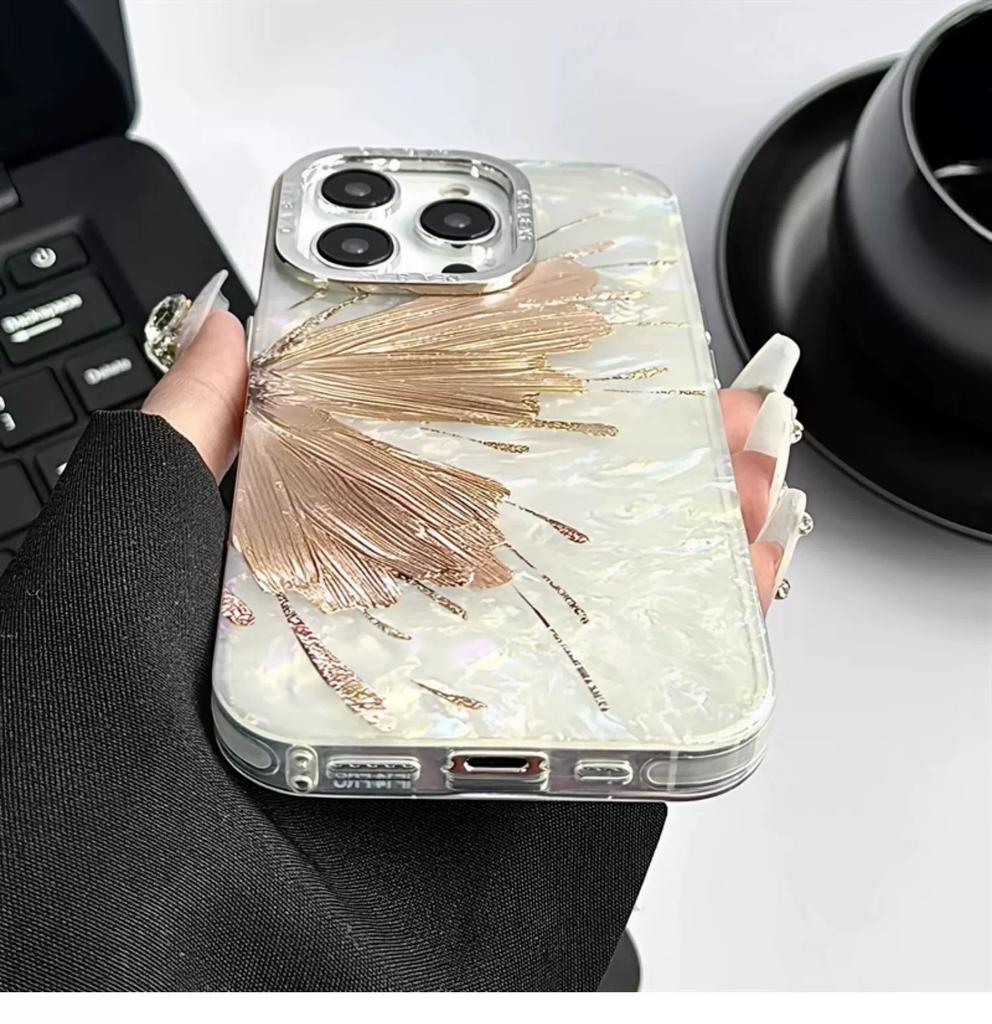 Korean Luxury Plating Glitter Butterfly Shell Pattern Phone Case For iPhone 15 14 13 12 Pro Max 11 Lens Protective Bumper Cover