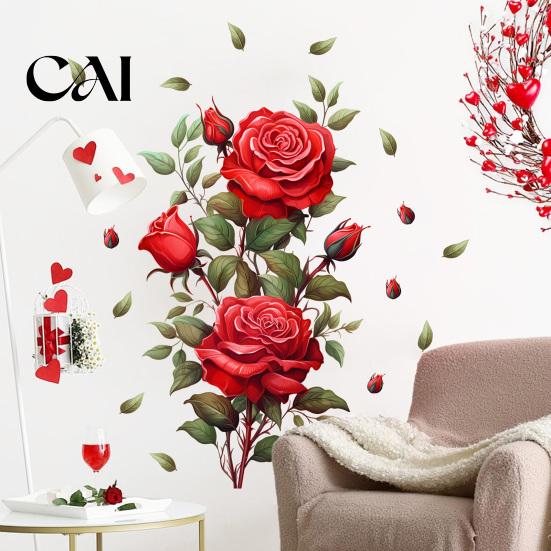 Romantic Floral Wall Sticker for Bedroom Red Rose Sticker, Watercolor Peel and Stick Decal Durable Weather Resistant Stickers Living Room Bedroom,