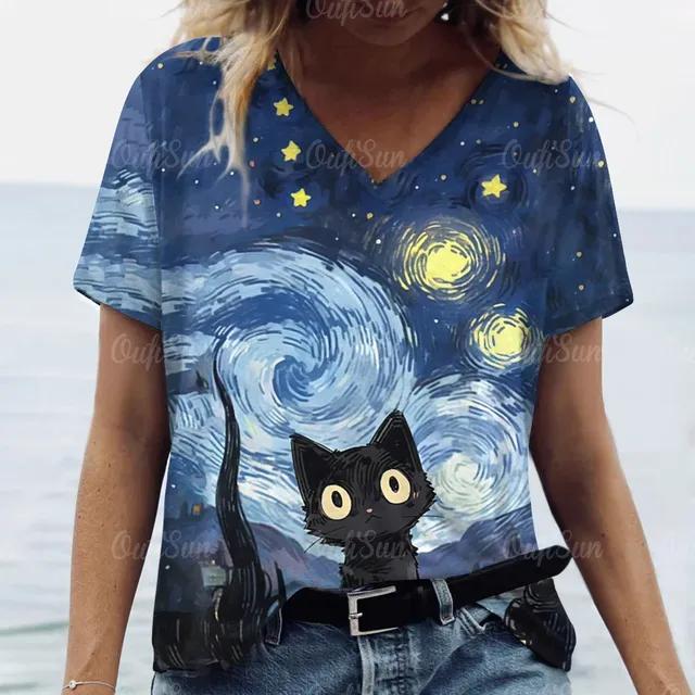 Летняя модная женская одежда с v-образным вырезом, большие размеры, футболки с короткими рукавами, женская повседневная футболка с принтом животных, трендовая милая блузка