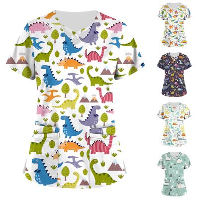 Плюс размер, милая рабочая форма с принтом, топы для женщин, забавные футболки с перекрестным v-образным вырезом и короткими рукавами, рабочая одежда, футболка с карманами