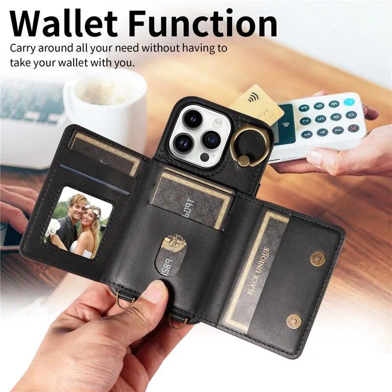 Кожаный чехол-кошелек с ремешком с кольцом для iPhone 15 Pro Max 14 Plus 13 Pro 12 Samsung Galaxy S24 Ultra S23 S22 21 FE A25 A15 A54 A34 A14, раскладной чехол для телефона