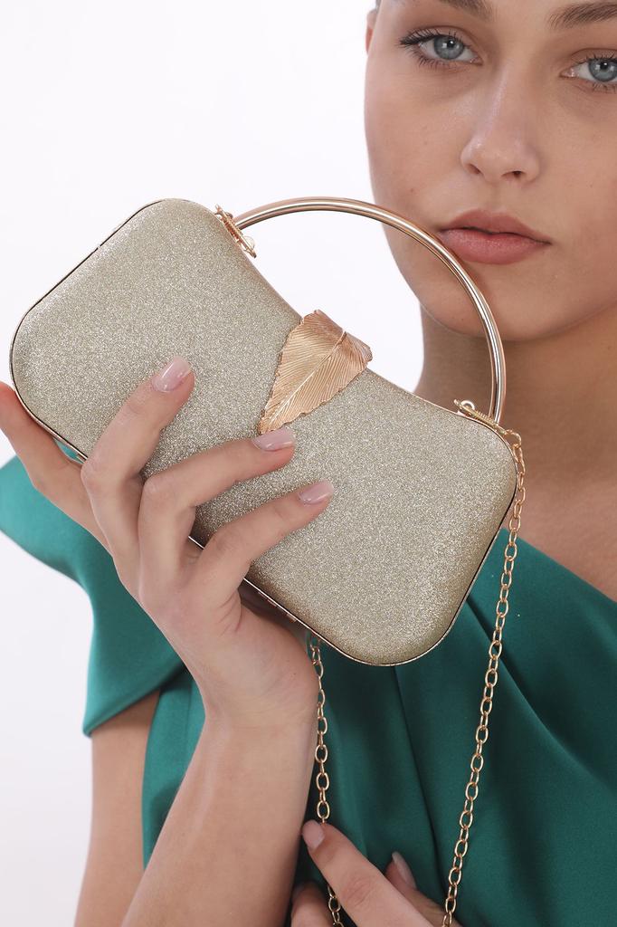 Women's Stylish and Useful Evening Dress Bag Gold Color Bream Material Leaf Accessory Hand and Strap Evening Dress Portfolio Clutch Evening Bag