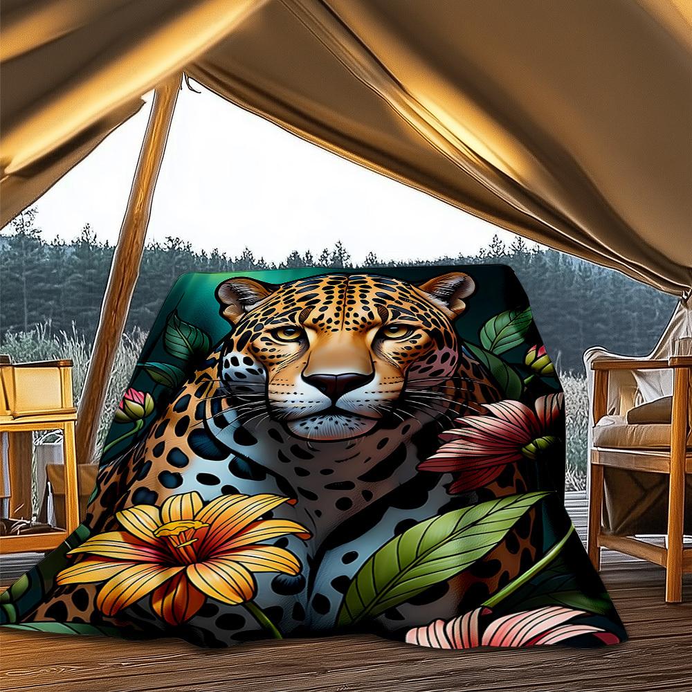 1pc Leopard Floral Print Throw Blanket Polyester Fiber, Lightweight Flannel, Soft & Warm, All Season Use for Outdoor, Camping Digital Print