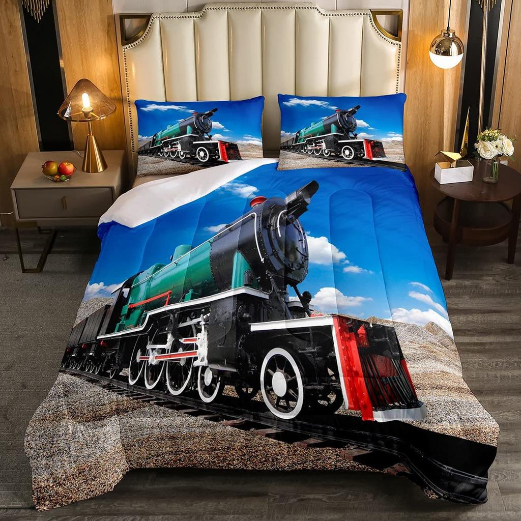 Children'S Train Theme Quilt Set Three-Piece Train Railway Track Duvet Set