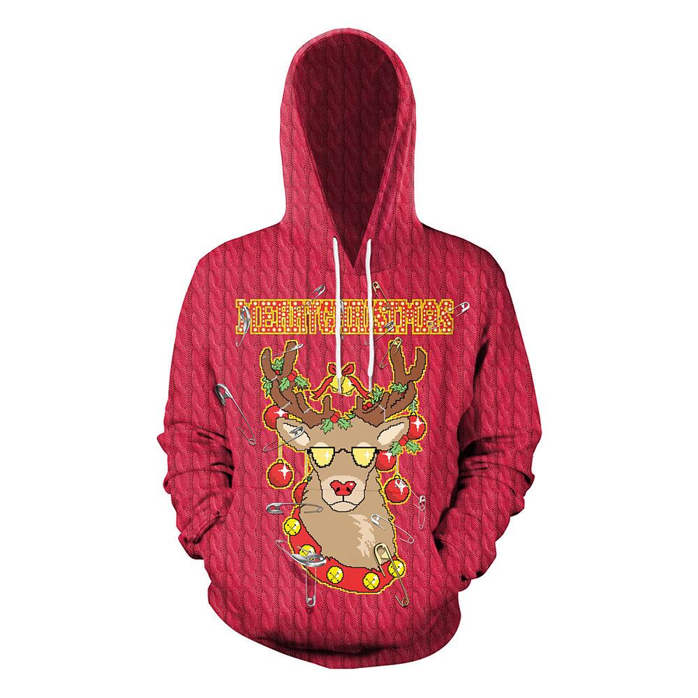 Digital Printing New Christmas Sweater Reindeer 3D Printing Hooded Loose Pullover Couple Sweater