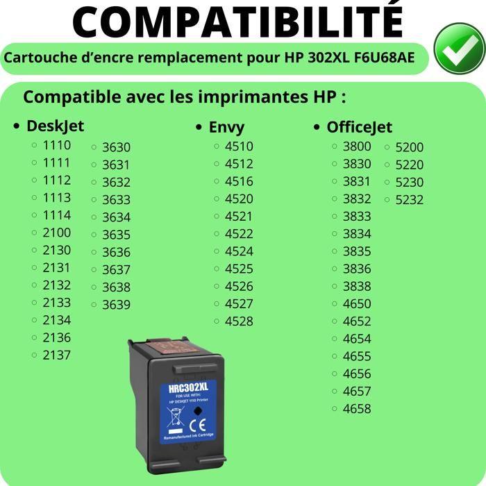Cartouche d'encre remplacement HP 302XL Noir compatible DeskJet 1110 2100 3630 3635 Envy 4510 4520 OfficeJet 3800 4650 4655 5200
