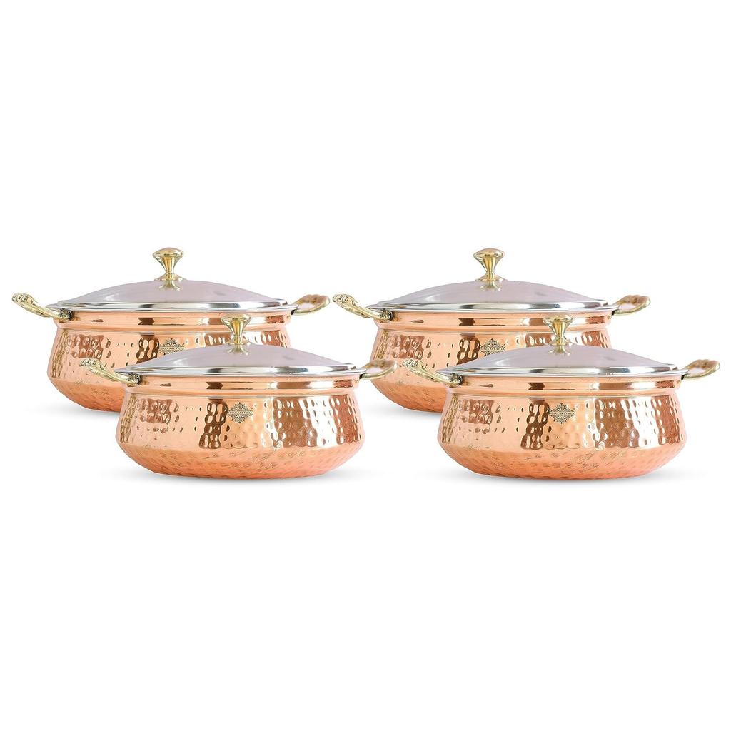Steel Copper Hammered Design Handi/Bowl/Casserole with Toughened Glass Lid & Brass Knob & Handles, Volume-400 Ml, Pack of 4
