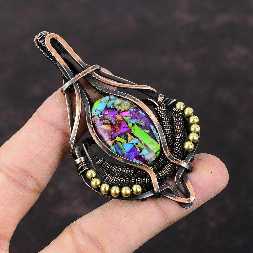 Fiesta Kingman Бирюзовый кулон Медная проволока обернутый драгоценный камень кулон Multi Медный бирюзовый кулон Медные украшения ручной работы Стильный кулон