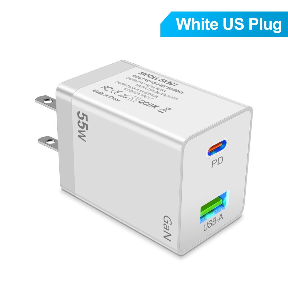 55 Вт GaN USB Type C Зарядное устройство PD QC 3.0 Быстрая зарядка для Macbook Ноутбука IPAD Планшета IPhone 15 14 Samsung S23 Ultra Huawei Xiaomi