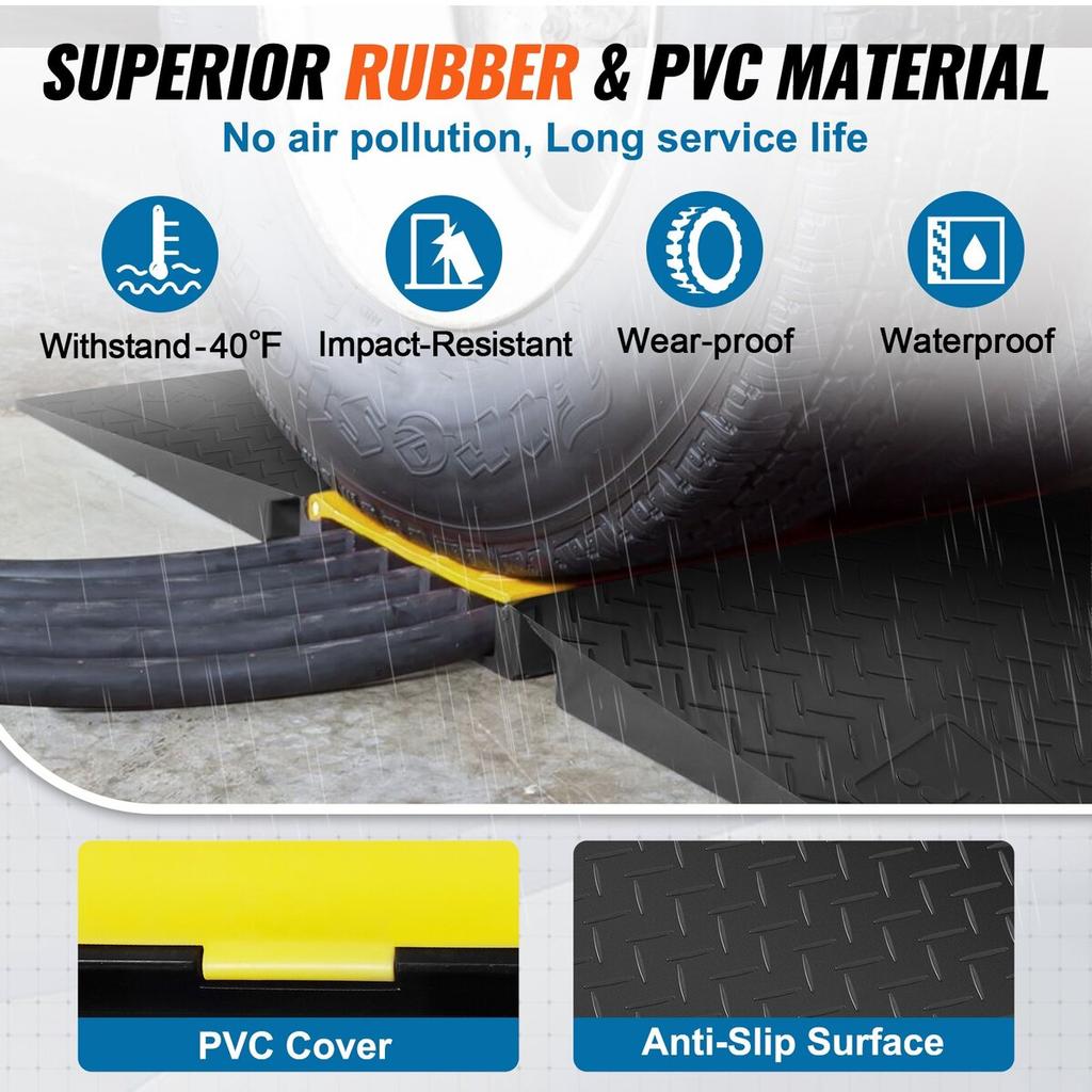 Rubber Cable Protector Ramp, 5 Channel, 22000 lbs/axle Capacity Heavy Duty Wire Cover Ramp Hose Cord Ramp Driveway, Traffic Speed Bump with Flip-Open
