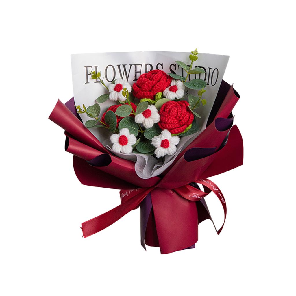 Crochet Flower Bouquet with LED String Lights Gift Bag for Mother's Day Gift, Knitted Bouquet Artificial Rose Flowers