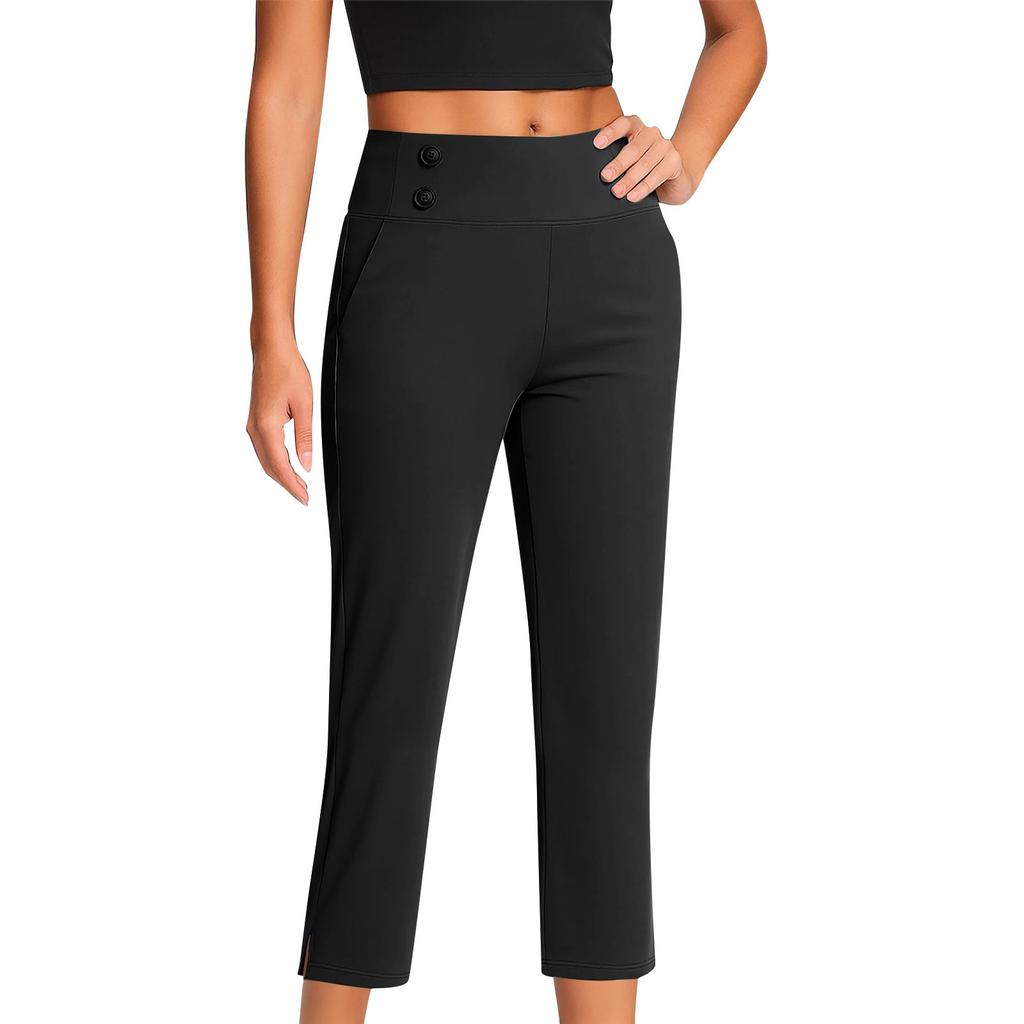 Women's Fashionable Solid Color Straight Leg Pants With High Waist Button Pockets And Elastic Waist Casual Pants