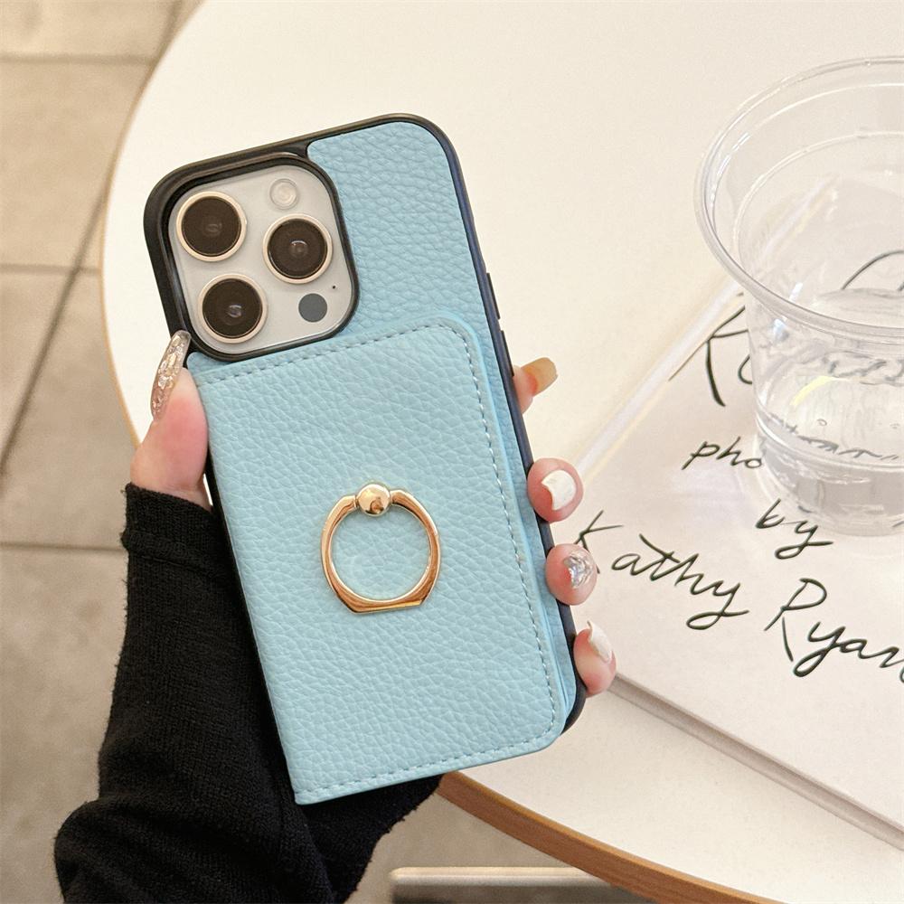 Ring Holder Flip Wallet Case For iPhone 11 12 13 14 15 Pro Max X Xs Max 13 Mini Litchi Leather Card Slot Soft Candy Color Cover