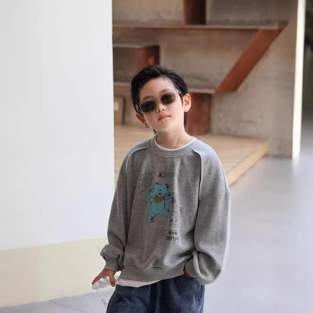 2024 Autumn Korean-Style Kids' Letter Print Spliced Sweatshirt - Casual Two-Piece Look for Boys & Girls