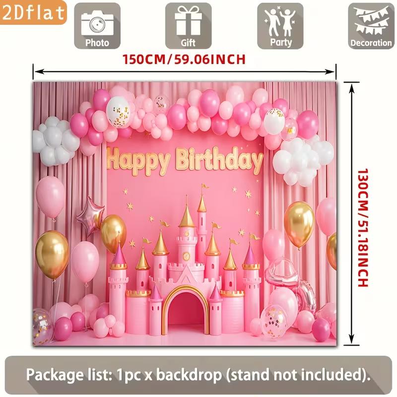 2D Pink Castle Happy Birthday Party Backdrop Princess Balloon & Curtain Photography Background