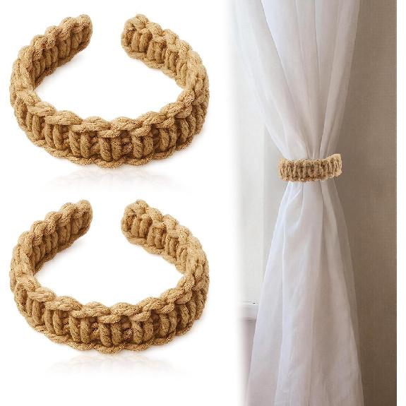 2 Pcak Vintage Braided Curtain Tiebacks, Elegant Rustic Curtain Holdbacks, Burlap Tie Backs for Curta Sheer/Lightweight Drape Home Office Window