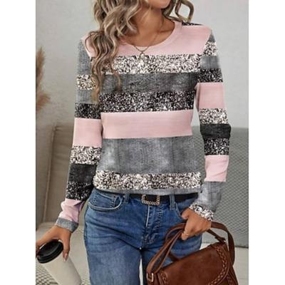 Женская футболка с цветными блоками, пайетками, повседневная, с длинным рукавом, с круглым вырезом, розовая, весна-осень
