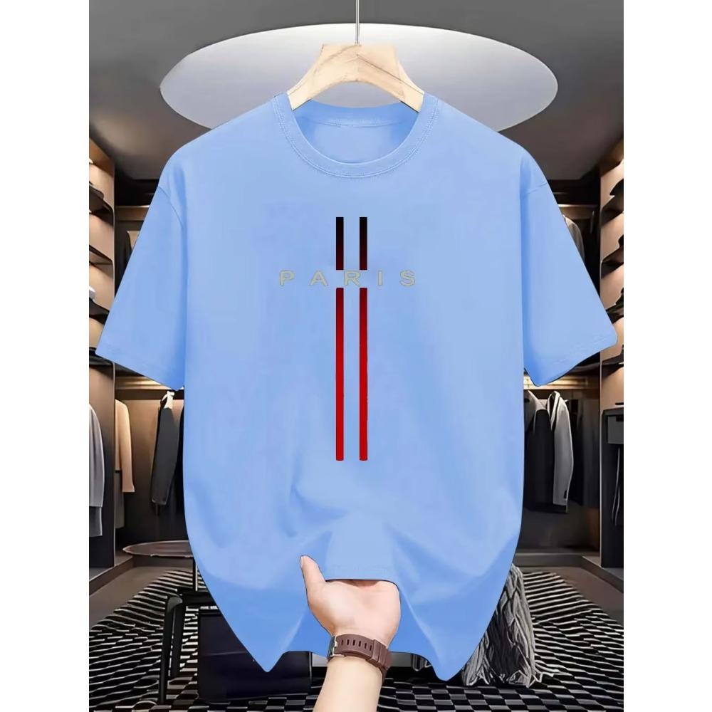 Men's Summer Hot Selling Casual Loose Breathable Round Neck T-shirt with Parisian Letter Print Outdoor City Comfortable Top