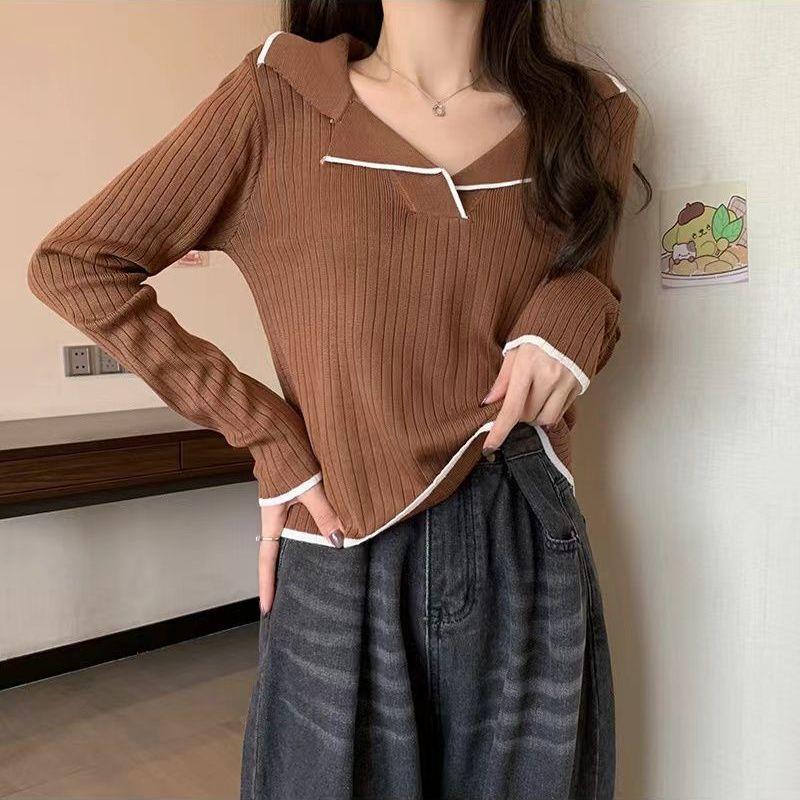 Polo Collar Pullover Knit Base Layer Top Women's Autumn Long Sleeve T-shirt Sweater Fall Clothing Spring Autumn Style