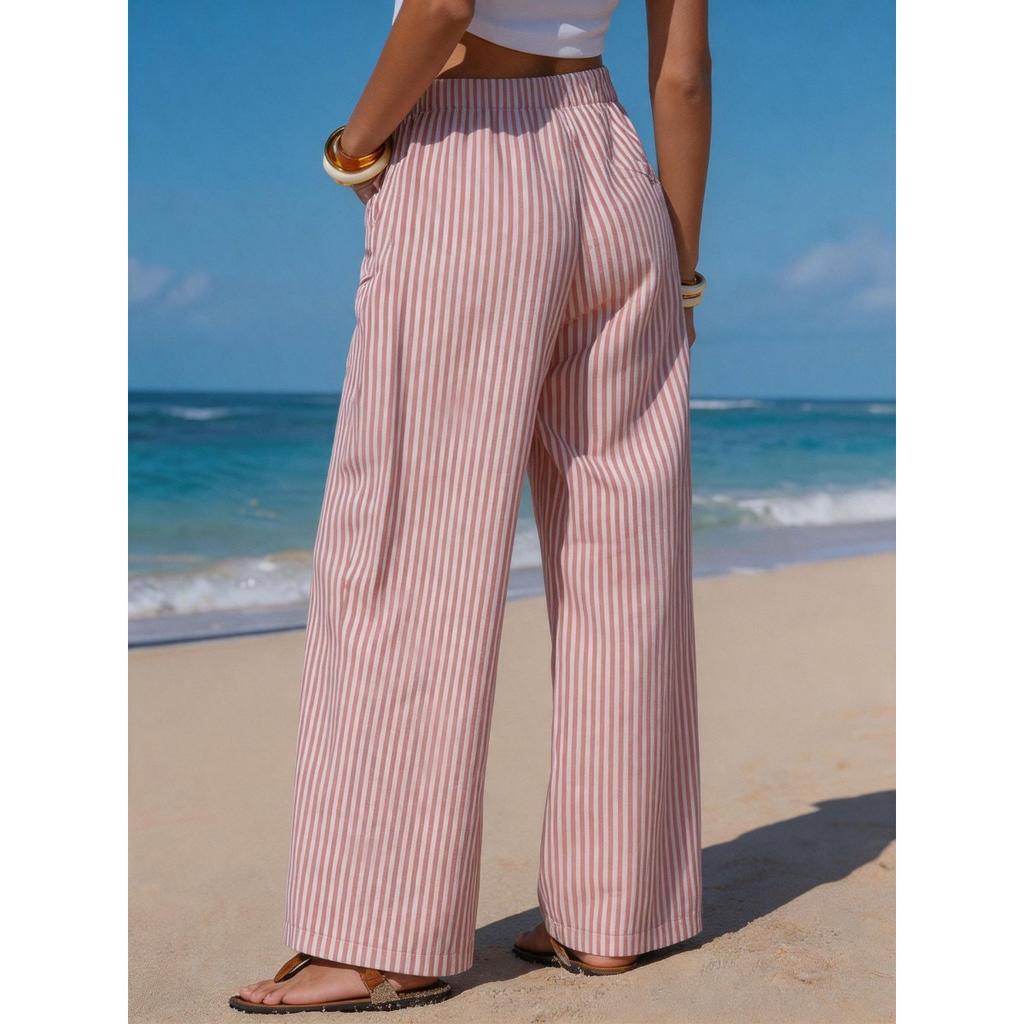 Summer Women's Striped Linen-like Wide Leg Pants, Drawstring Waist Pockets Casual Long Trousers for Beach Vacation