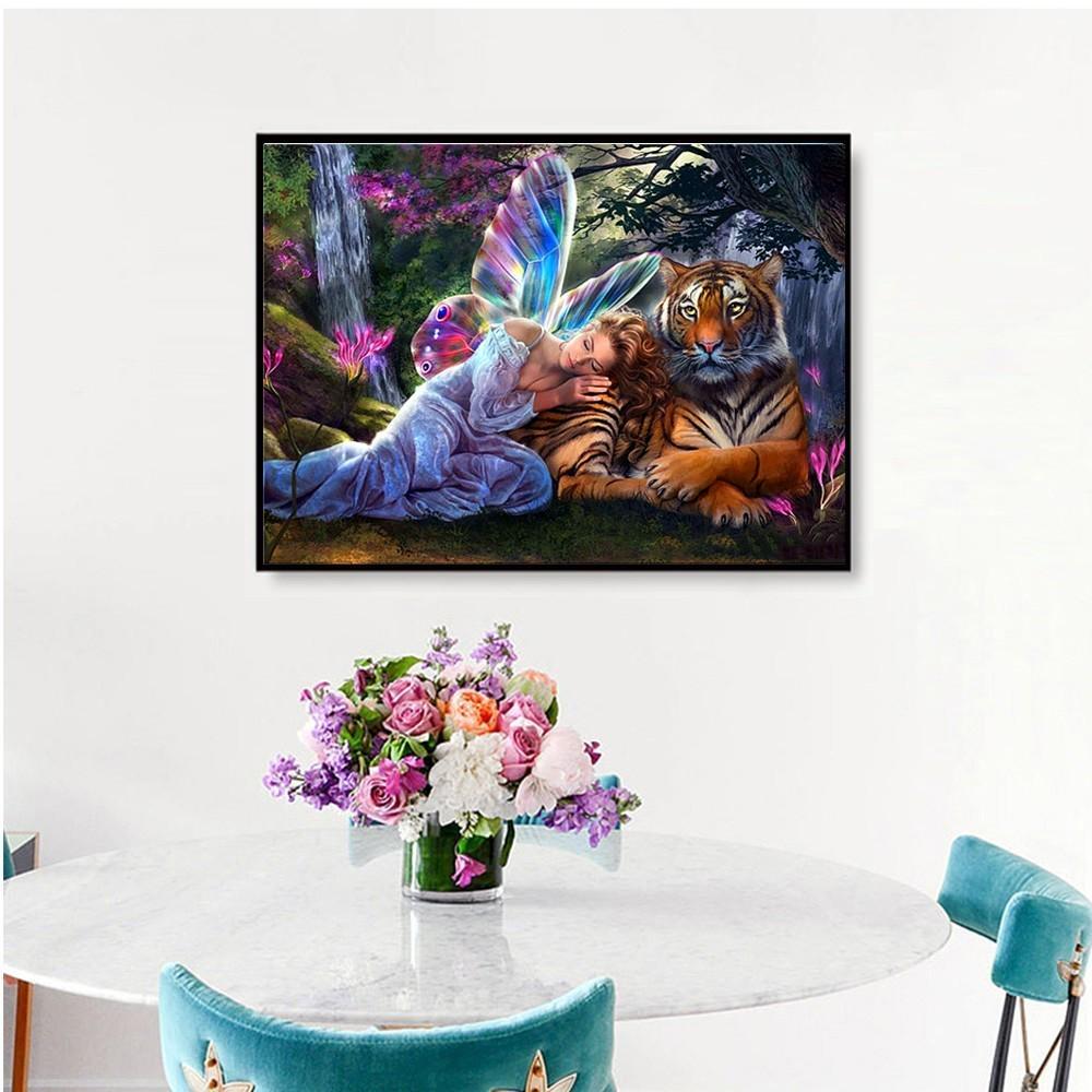 Full Painting Diamond Round Arrival Animals Home Decoration Tiger And Girl Diamond Embroidery