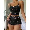 Women's Heart Print Sexy Ribbed Bow Decor Pajama Set, Round Neck Backless Comfortable Crop Cami Top & Shorts, Summer Nightwear