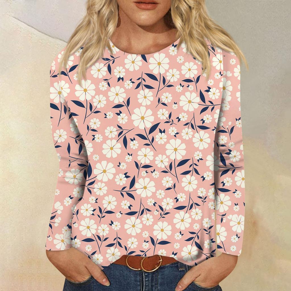 Женский модный повседневный пуловер с круглым вырезом и длинным рукавом с цветочным принтом