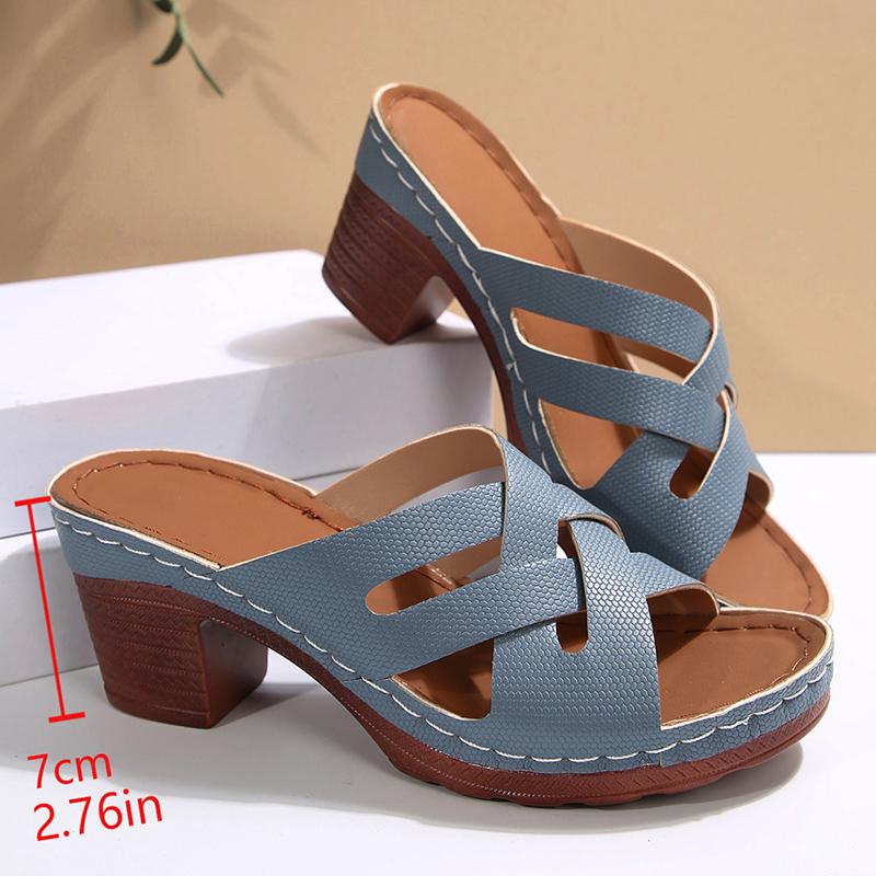 Fashion Elegant Round Toe Cross Tie Straps Slippers Women 2025 Summer Square High Heels Shoes Women Vintage Blue Daily Shoes