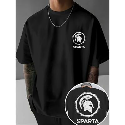 Мужская футболка Спартанский Греческий Воин Шлем Спартанца и Логотип SPARTA - Черно-Белый Греческий Ключ Повседневная и Историческая Одежда для Зала
