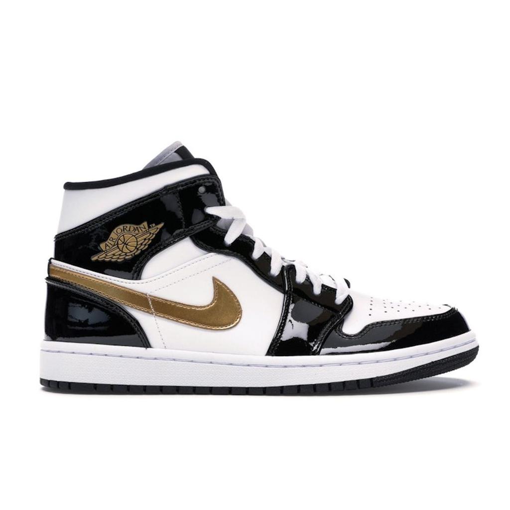 Air Jordan 1 Mid Patent SE Black Gold Men Sneakers White Metallic-Gold 852542-007