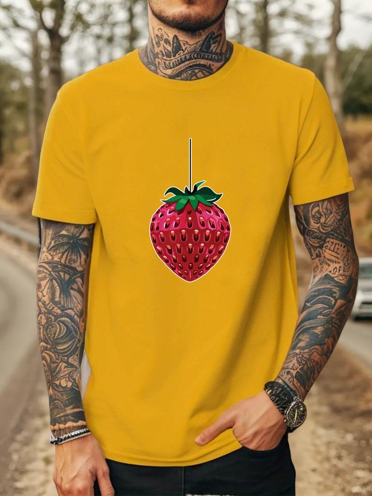 Unisex Crew Neck Cotton T Shirt Hanging Red Strawberry Print Short Sleeve Tops Loose Minimal Casual Summer Tees For Young Male