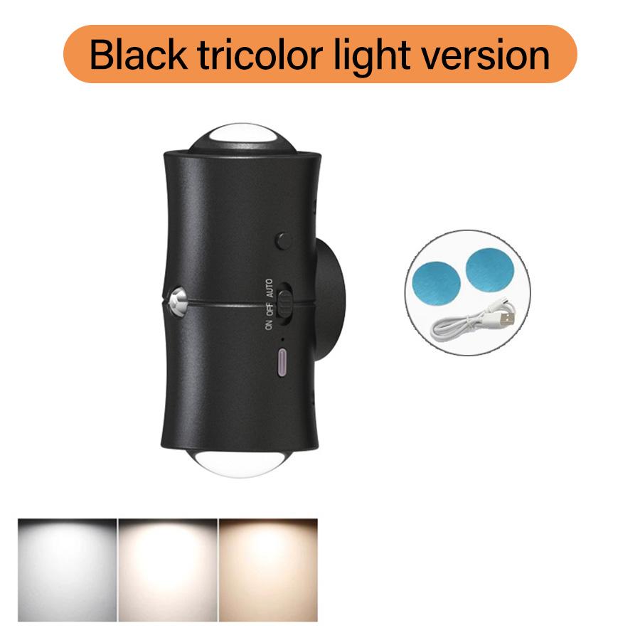 Светодиодный настенный светильник с датчиком движения, трехцветный RGB, перезаряжаемый, двухголовочный магнитный прожектор для спальни, прихожей, лестницы, окружающее освещение