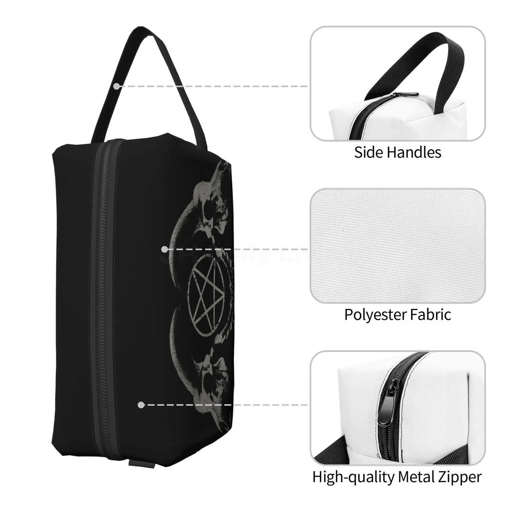 Gothic Occult Satan Penta Symbol Skull Storage Bag Portable Large Capacity Travel Toiletry Cosmetic Bag Makeup Organizer