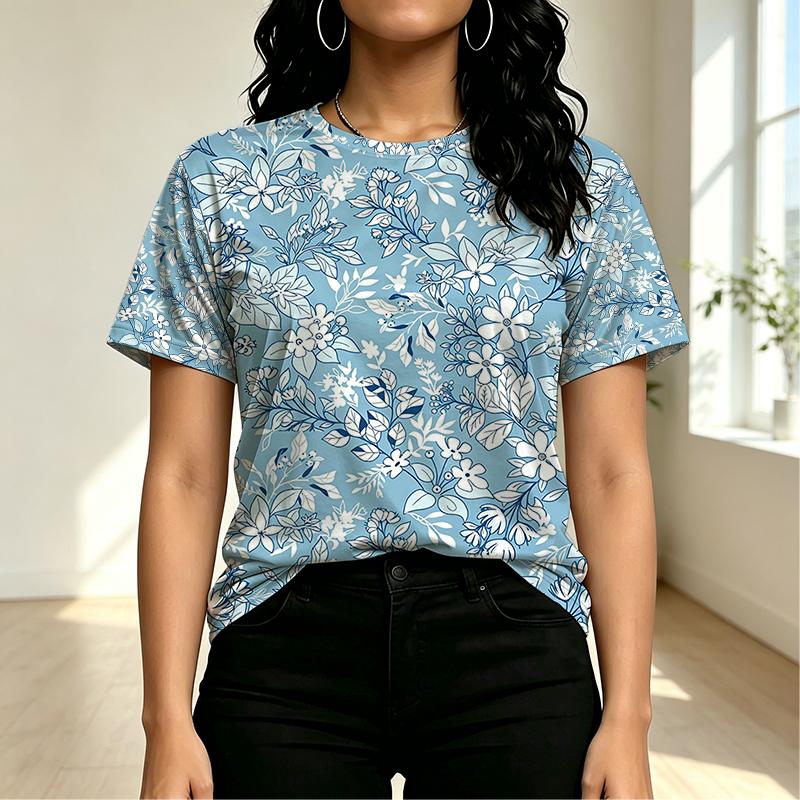 Women's Minimalist Street Style Short Sleeve T-Shirt, Floral Pattern, Soft Round Neck Tees for Casual Daily, Date Night Comfortable & Fashionable