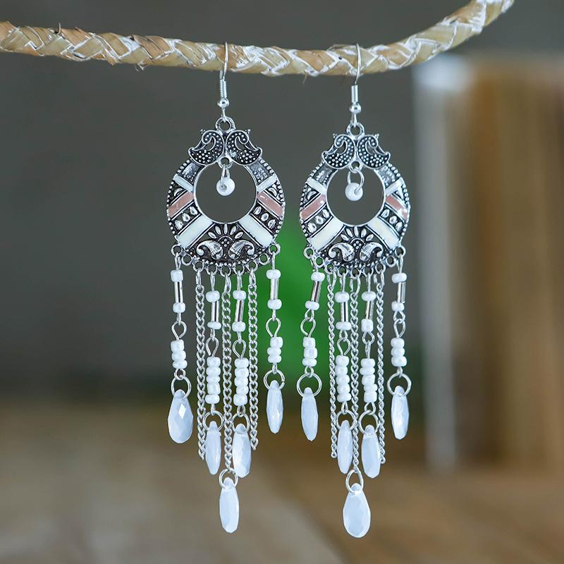 Fashion Boho Beads Chain Tassel Drop Dangle Long Earrings For Women Handmade Geometric Enamel Bohemian Vintage Earrings Jewelry