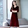 Women Velvet Dress Autumn Winter Solid Color V-neck Dress Medium Length A-Line Dress for Wedding
