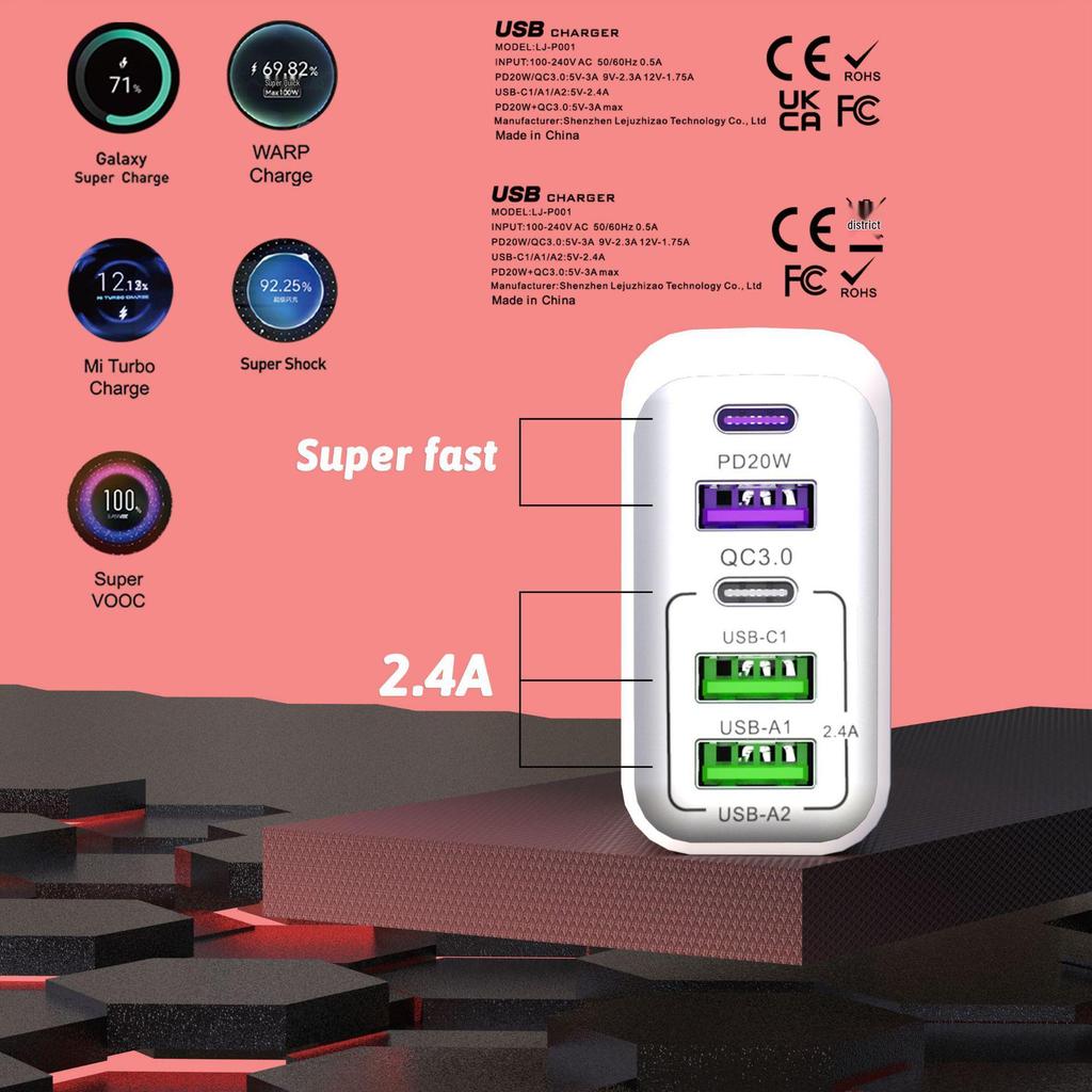 Сертифицированное многопортовое быстрое зарядное устройство 38 Вт: 3 USB + 2 Type-C, Дорожное зарядное устройство с поддержкой всех протоколов для мобильных телефонов С функцией Flash/Быстрой зарядки