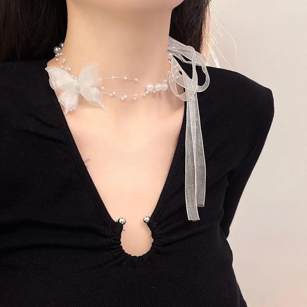 Elegant Butterfly Necklace Temperament Girl Ribbon Choker New Ribbon Butterfly Choker  Women