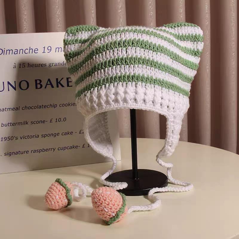 Женская шерстяная шапка с клубничным ремешком и кошачьими ушками в полоску, трикотажная защитная шапка для ушей, защищающая от холода