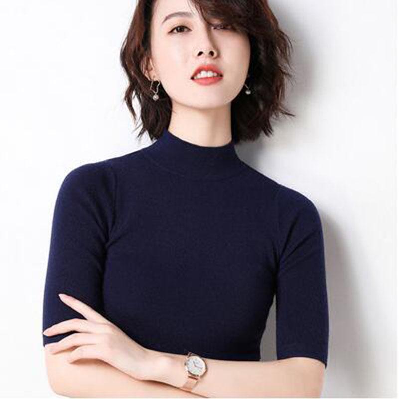 Women's Cashmere Turtleneck Short Sleeve Knitted Pullover Tee Base T Wool Cashmere Sweater