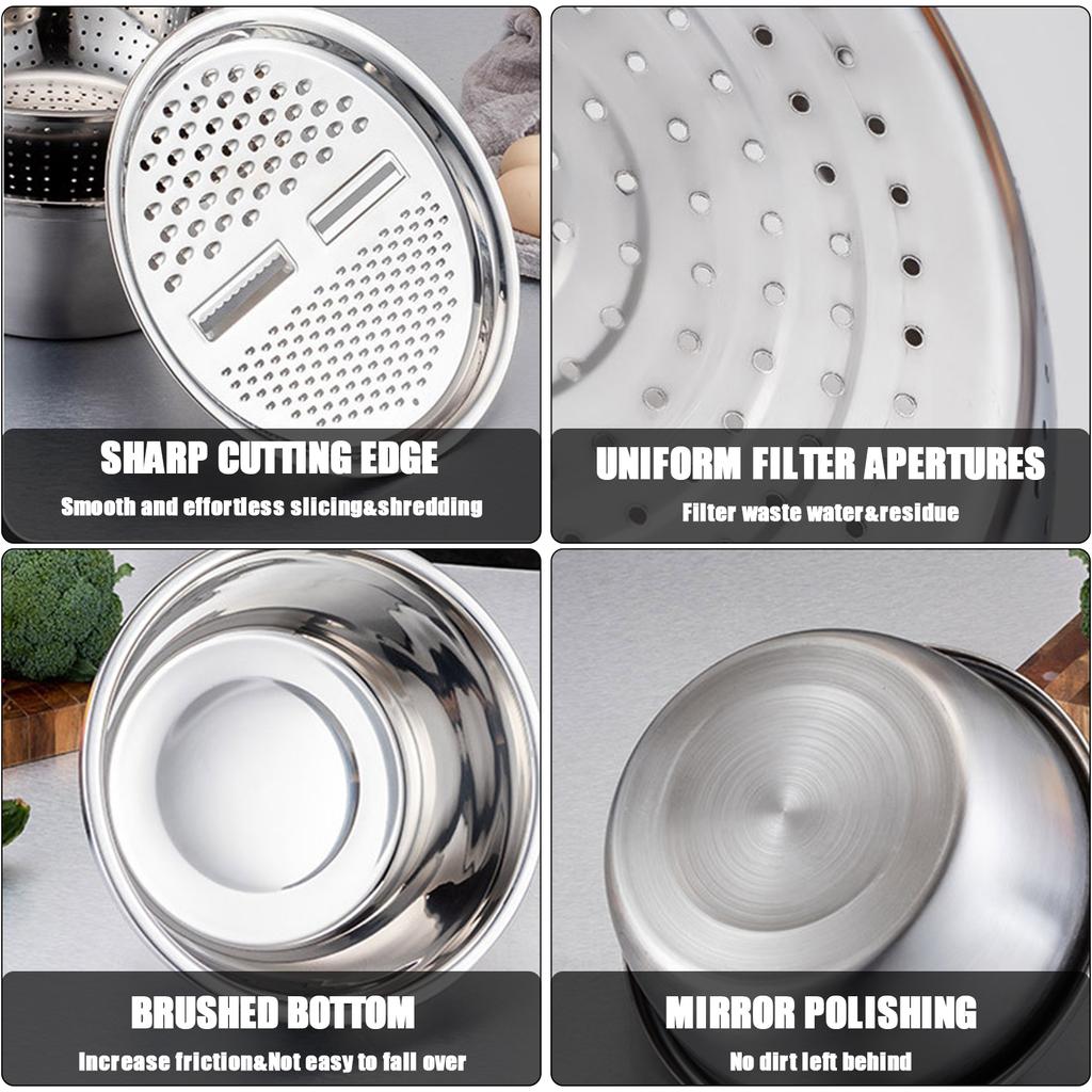 3 in 1 Kitchen Basin Grater, Colander Cutter with Strainers 10.2 Inch Stainless Steel Mandoline Rice Washing Pasta Mixing Dough Knding Bowls
