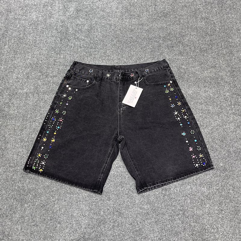 Cross-border trendy brand Va & le color hot diamond bead washed denim shorts men's and women's high street straight casual five-point pants