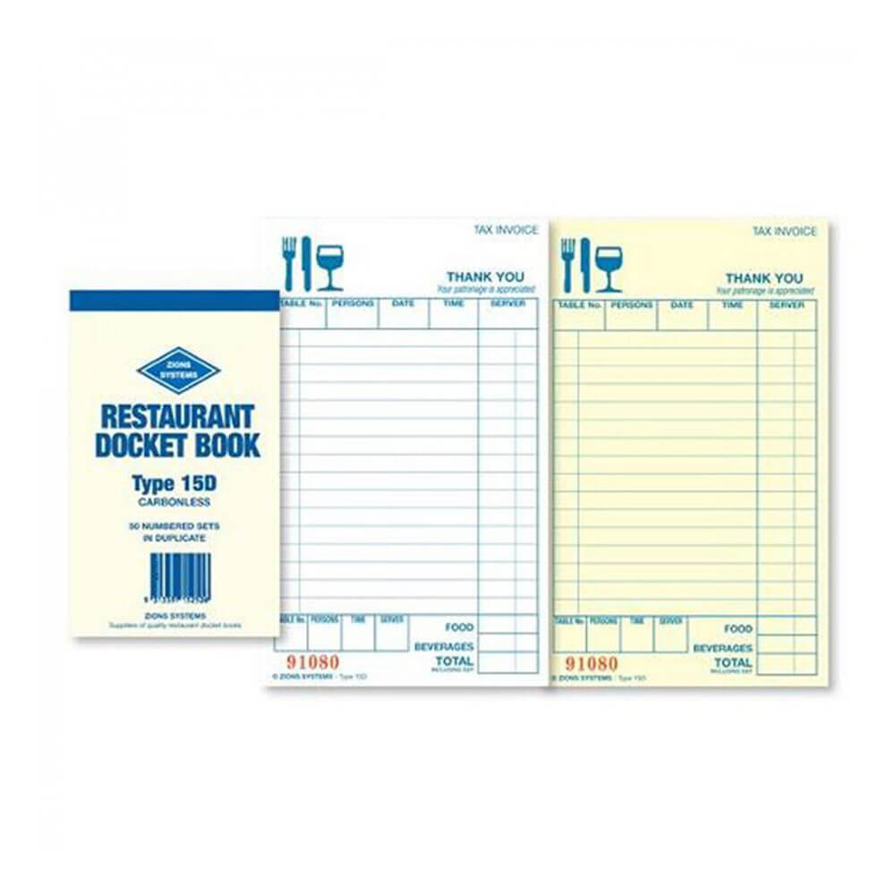 Zions Carbonless Duplicate Restaurant Docket Book (15 line)