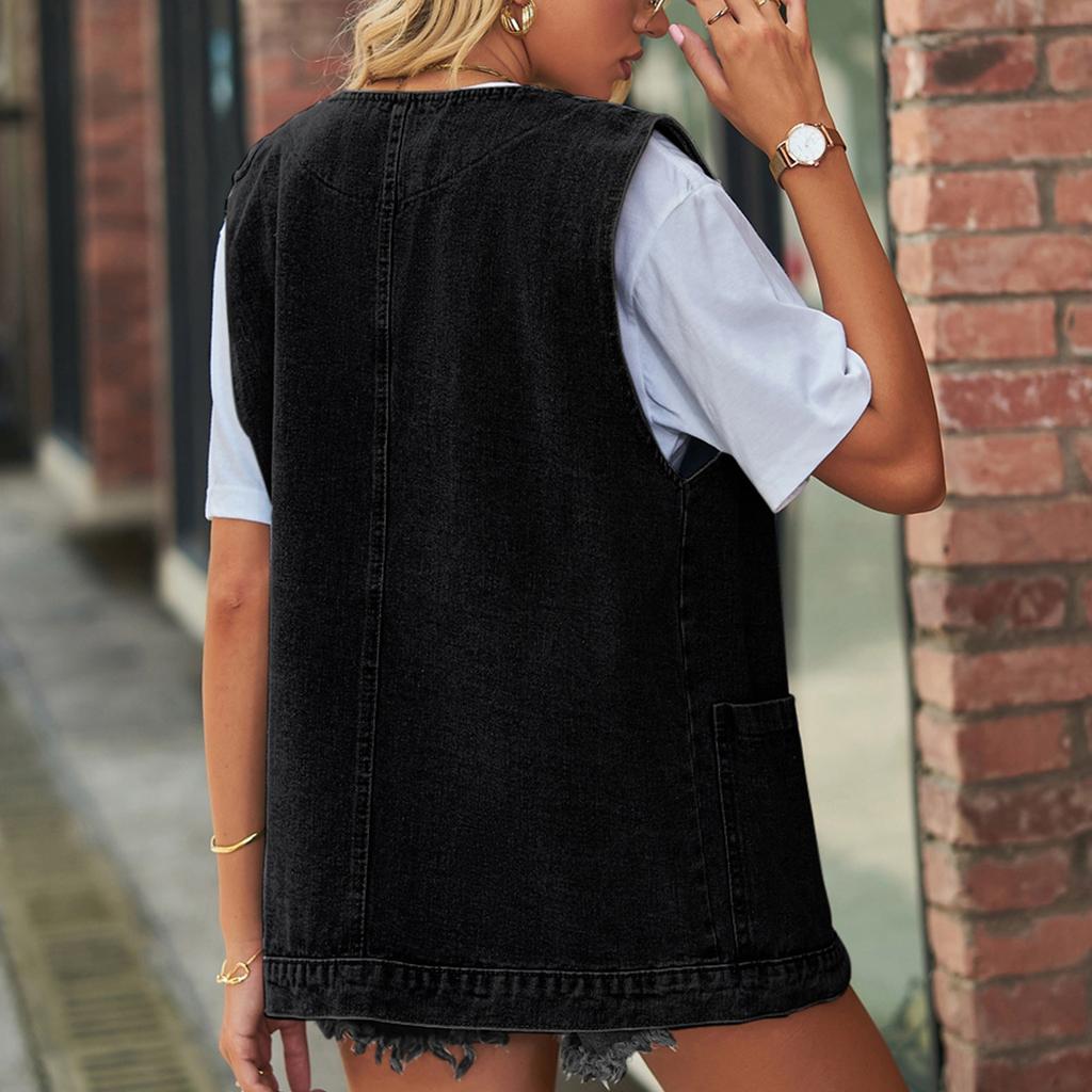 Women's Casual Denim Vest Vest Large Pocket Sleeveless Vest Jacket