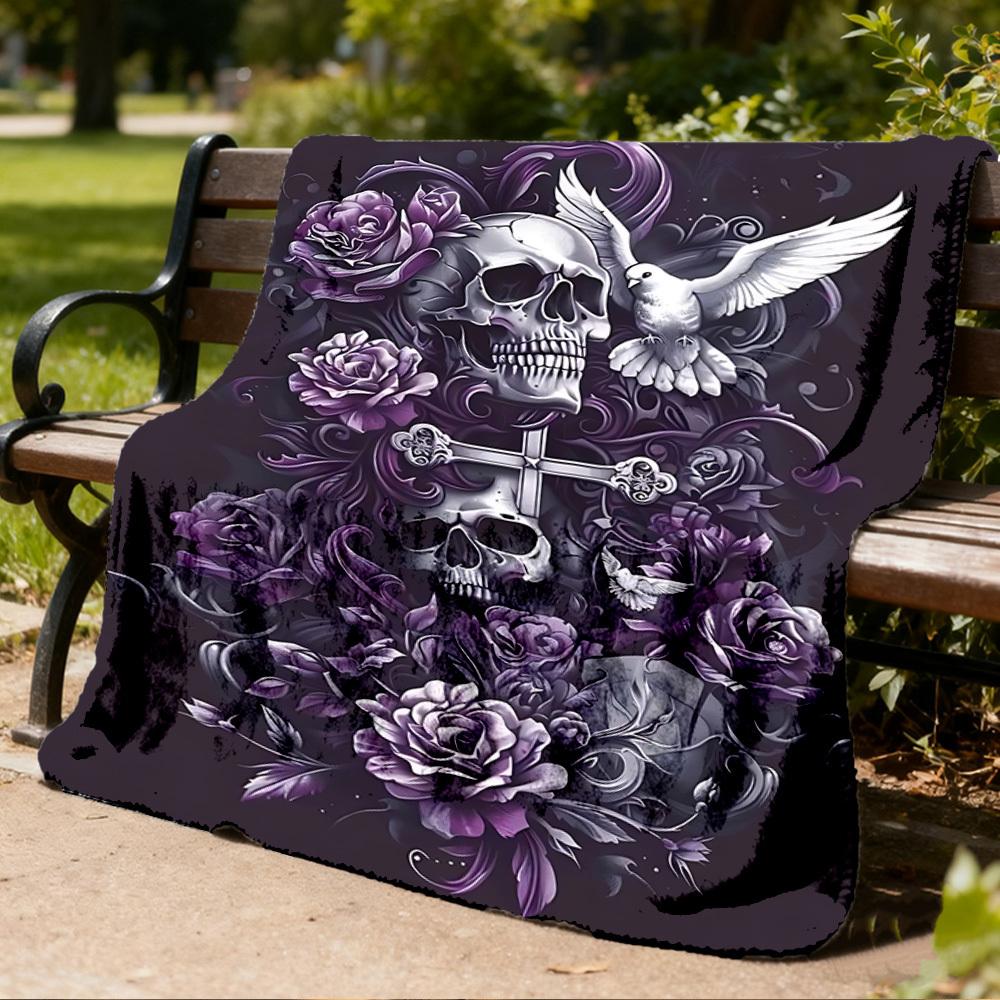 1pc Skull Roses Cross Outdoor Flannel Blanket , Machine Washable Perfect Gift for Birthday , Holiday Travel Accessory , Durable Material