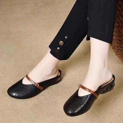 2025 лето новый ретро круглый носок полый дышащий сумка голова полушлепки удобные и универсальные носить низкий каблук крутые шлепанцы женские